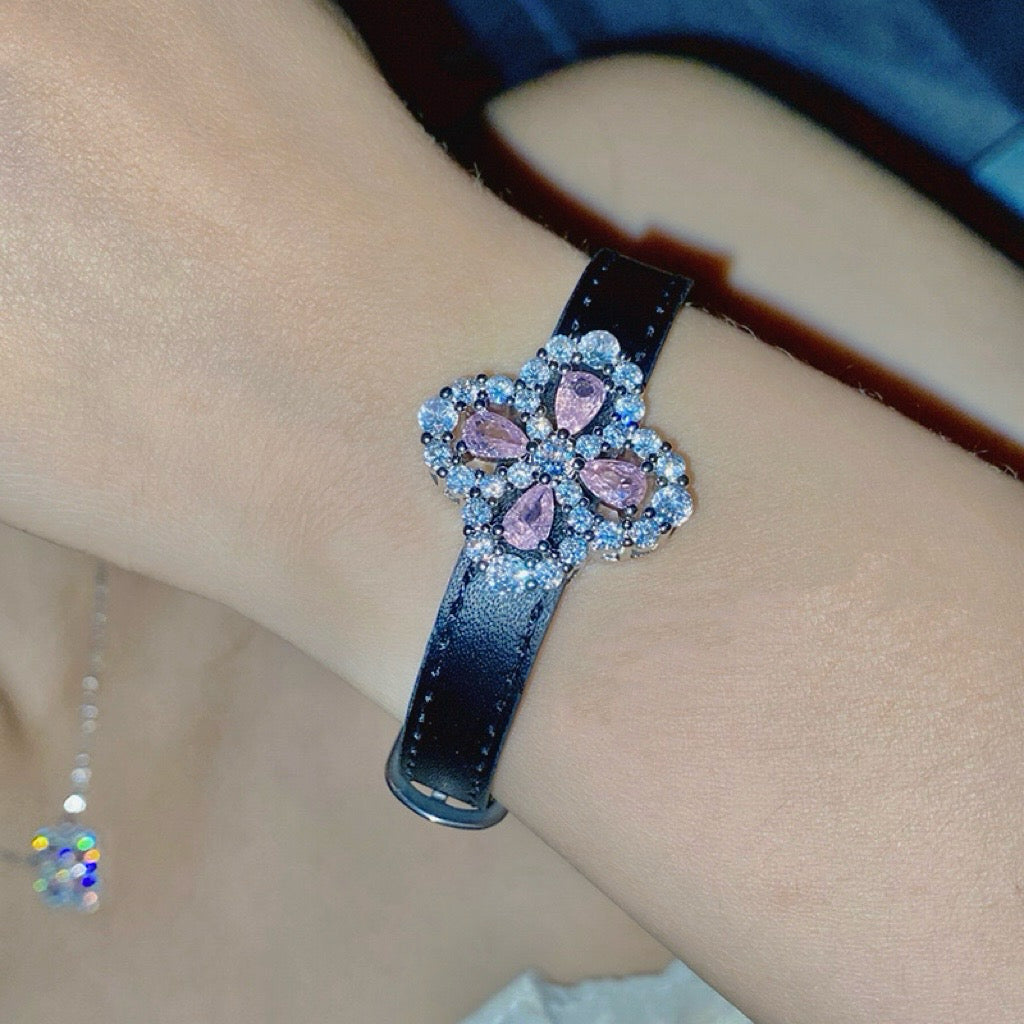 Sparkle Pink Clover Leather Bracelet