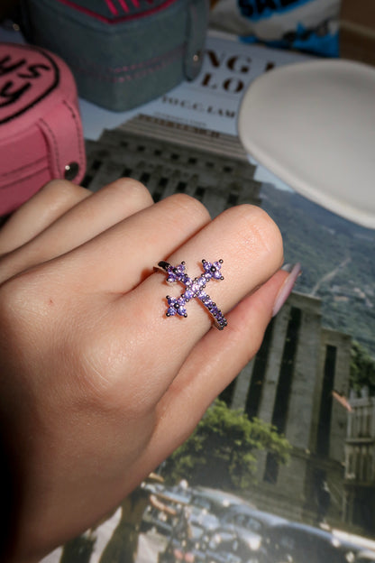 Purple Rhinestones Cross Ring