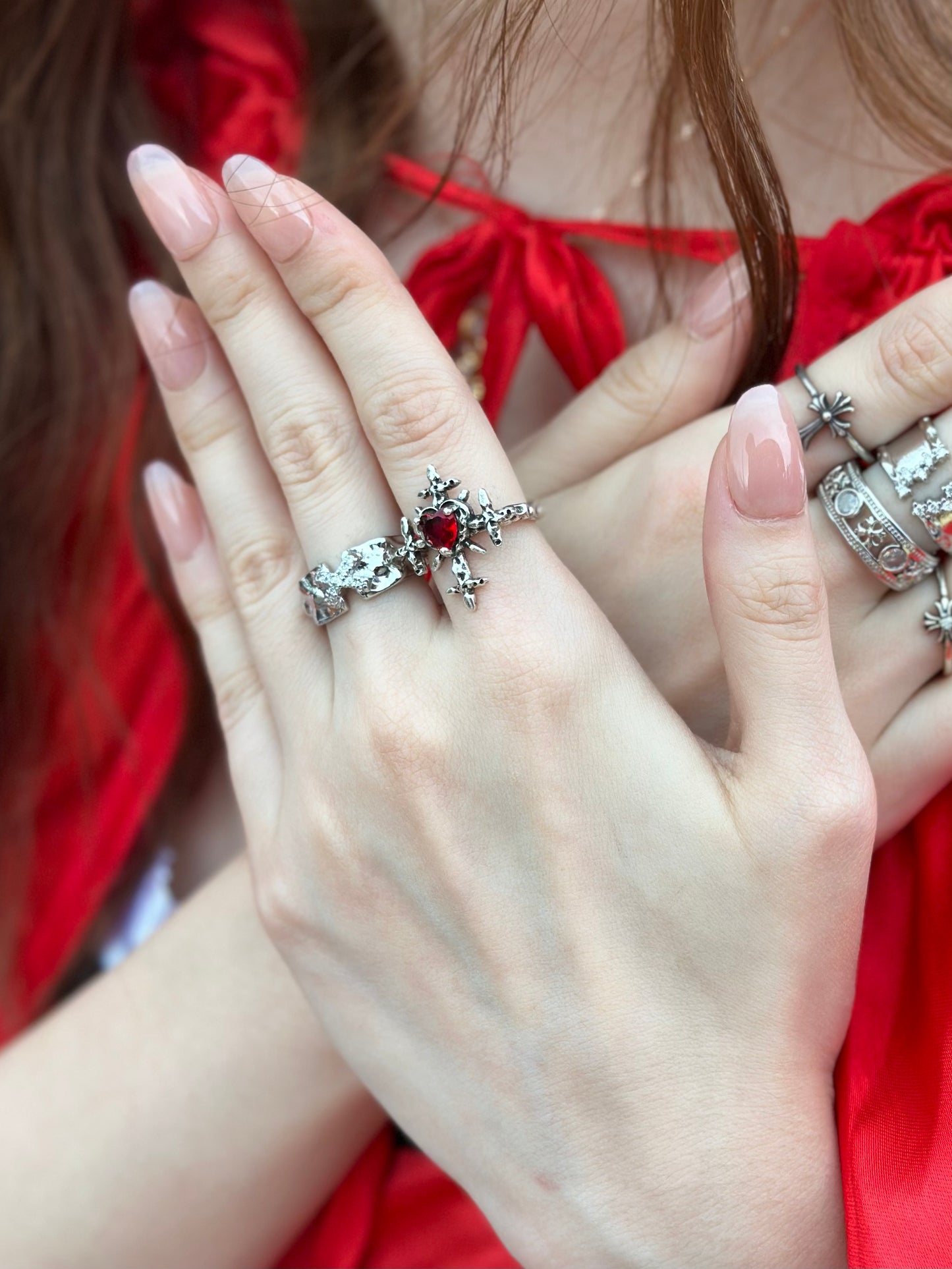 Red Heart Gem Cross Ring