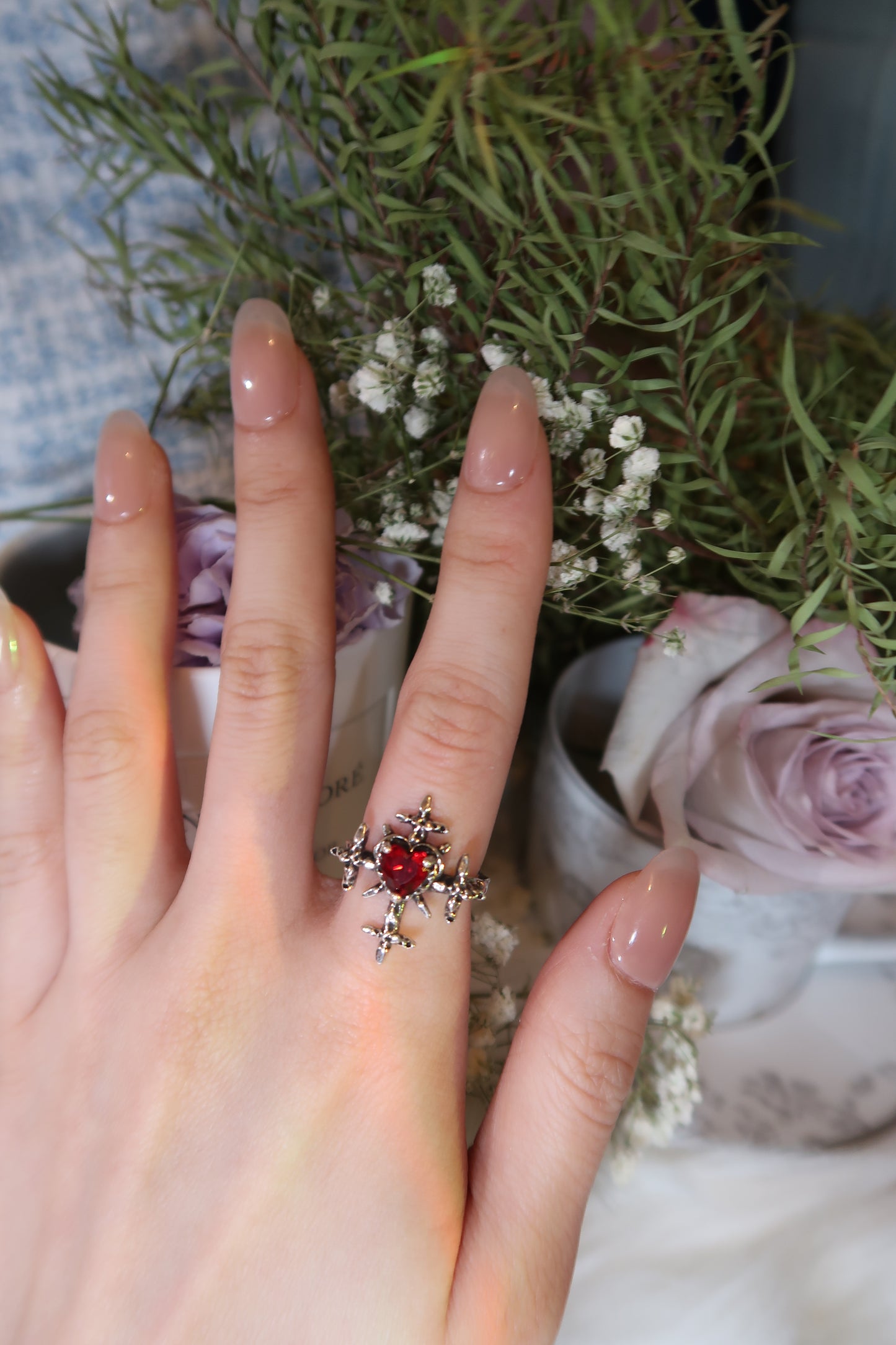 Red Heart Gem Cross Ring